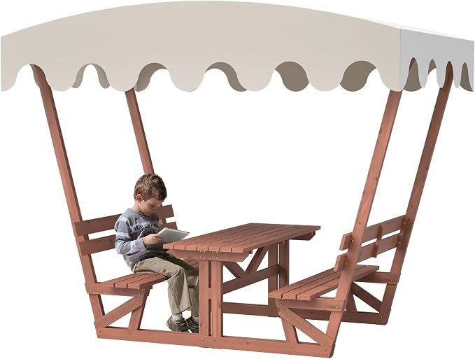 KEIKI Outdoor Waterproof Solid Wood Picnic Table and Bench Set with Removable Canopy, Outdoor Picnic Table Set for Patios, Gardens, Decks, Parks, Beaches