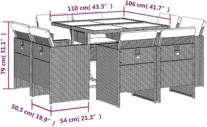 9-Piece Garden Dining Set, Outdoor Patio Furniture Table and 8 Foldable Chairs with Cream Removable Cushion, Modern PE Poly Rattan and Acacia Wood Dinette for Backyard, Deck and Terrace