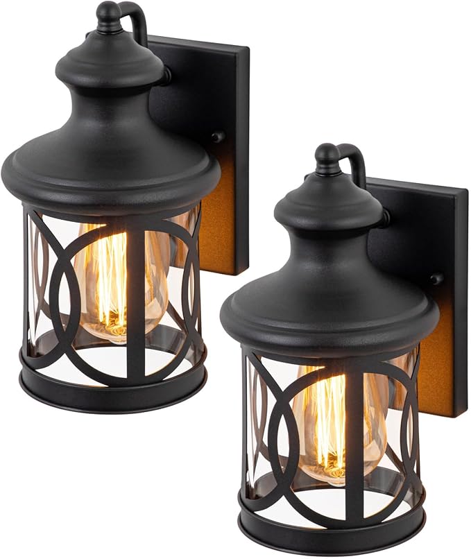 2-Pack Outdoor Wall Lights, Porch Lights, Waterproof Outdoor Wall Sconce, Exterior Light Fixtures Matte Black with Clear Glass Shade for House Garage Patio Front Door Balcony