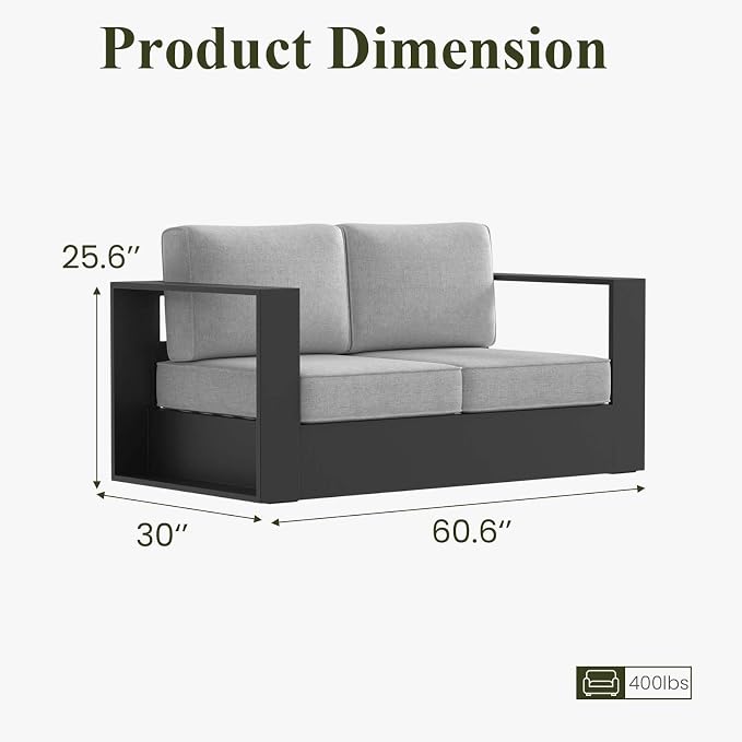 LayinSun Oversized Aluminum Outdoor Furniture, 1 Piece Patio Lovseat Sofa, Deep Seating and Upgraded 6-inch Cushions for Porch, Balcony, Deck