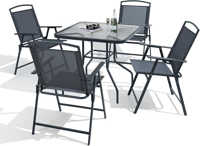 Crestlive Products 5 Piece Patio Dining Set with 4 Folding Chairs and Table Outdoor Dining Furniture with Square Glass Tabletop, Umbrella Hole for Bistro, Garden, Backyard, Deck(Grey)