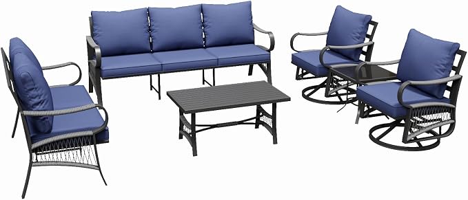 6 Piece Patio Furniture Set, 2 Single Swivel Chairs, Rope Braided Exposed with Thick Cushions, Outdoor All Weather Patio Conversation Sectional Sofa Set for Garden, Porch, Lawn, Blue
