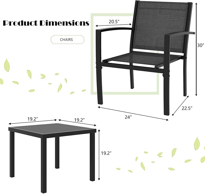 Greesum 3 Pieces Patio Furniture Set Outdoor Conversation Textilene Fabric Chairs for Lawn, Garden, Balcony, Poolside with A Glass Coffee Table, Black
