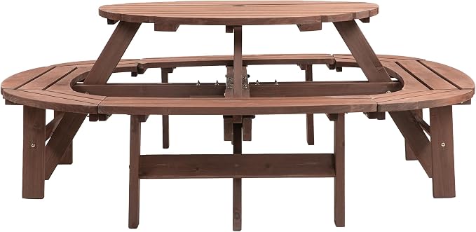 10-12 Person Picnic Table Round Outdoor Dining Table with Umbrella Hole,1 Built-in Ring Stool,Wooden Outside Picnic Tables and Bench Set for Garden,Patio, Backyard,2500LBS Total Capacity,Walnut Brown