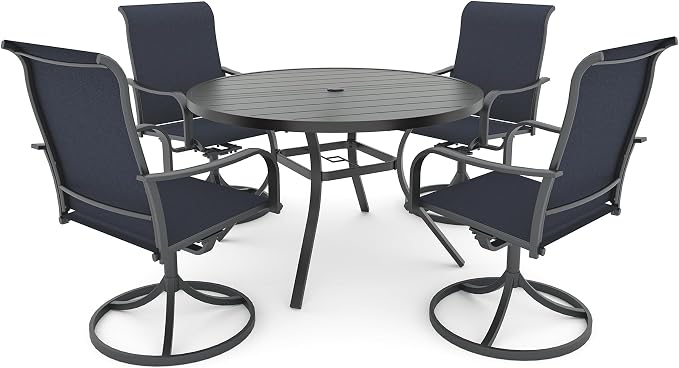 Anmutig 5-Piece Outdoor Patio Dining Set, 48" Round Table with 4 Swivel Textilene Rocking Chairs, Navy Blue Mesh Fabric, Black Metal Frame
