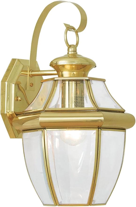 Livex Lighting 2151-02 Monterey 1 Light Outdoor Polished Brass Finish Solid Brass Wall Lantern with Clear Beveled Glass | Clear Beveled Glass; Solid brass construction