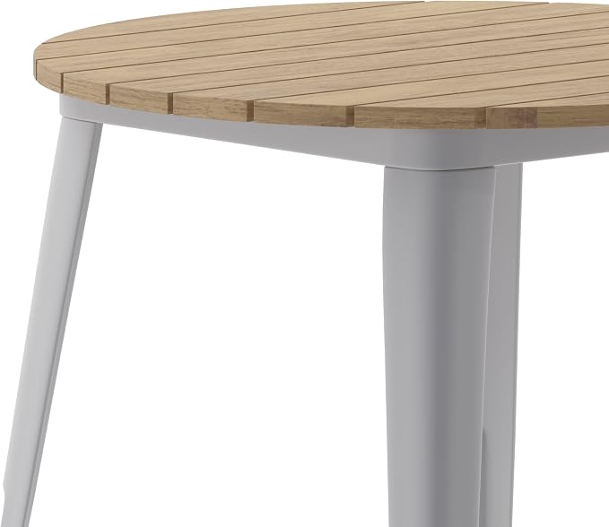 EMMA + OLIVER Drew Dining Table - Brown 30" Round Poly Resin Table Top - Silver Steel Base - All-Weather for Indoor/Outdoor Use