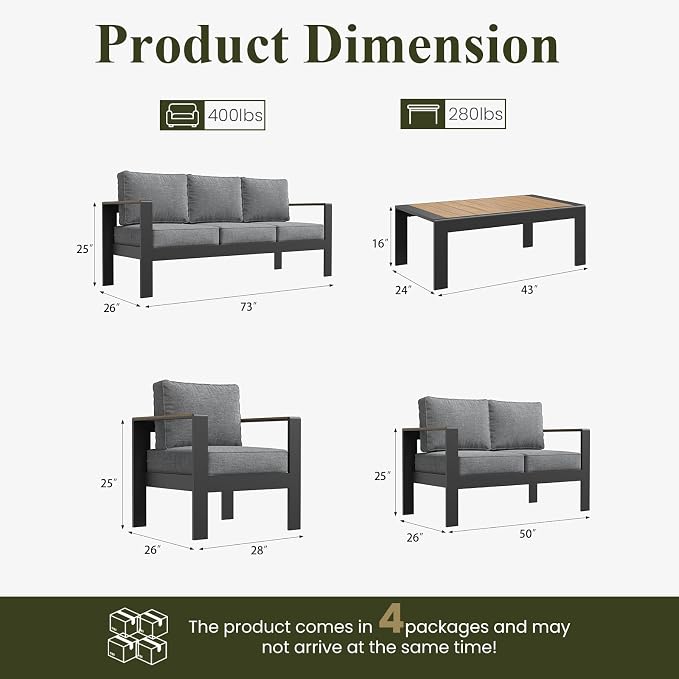 LayinSun 5 Piece Aluminum Outdoor Furniture Set with Coffee Table, Outside Patio Deep Seating Conversation Set with Upgraded Washable Thick Cushion