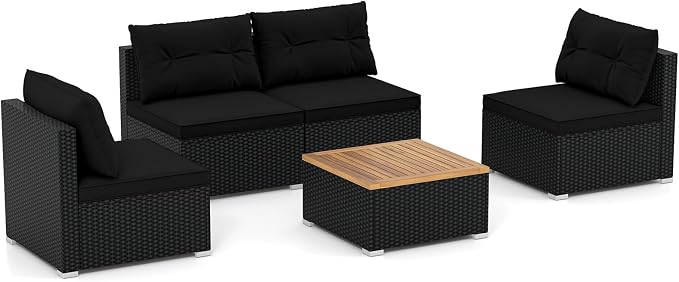 Tangkula 5 Pieces Wicker Patio Furniture Set, Outdoor 4 Armless Rattan Sofa & Coffee Table Set, with Cushions, Acacia Wood Tabletop, Sectional Patio Conversation Set for Lawn, Yard, Poolside, Black