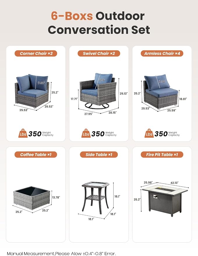 ovios 11 Piece Outdoor Patio Furniture Set with Fire Pit Table,Conversation Sectional Wicker Couch with Swivel Chairs,Modern Outside Sofa for Balcony Backyard, Blue