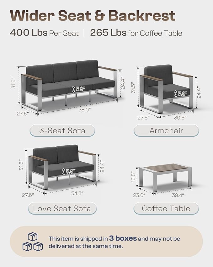 Outdoor Furniture Set, 4 Piece Aluminum Patio Furniture Set with Coffee Table, Wide Seat and Thick Cushions, Outdoor Patio Conversation Sets for Deck, Porch (Darkgray)