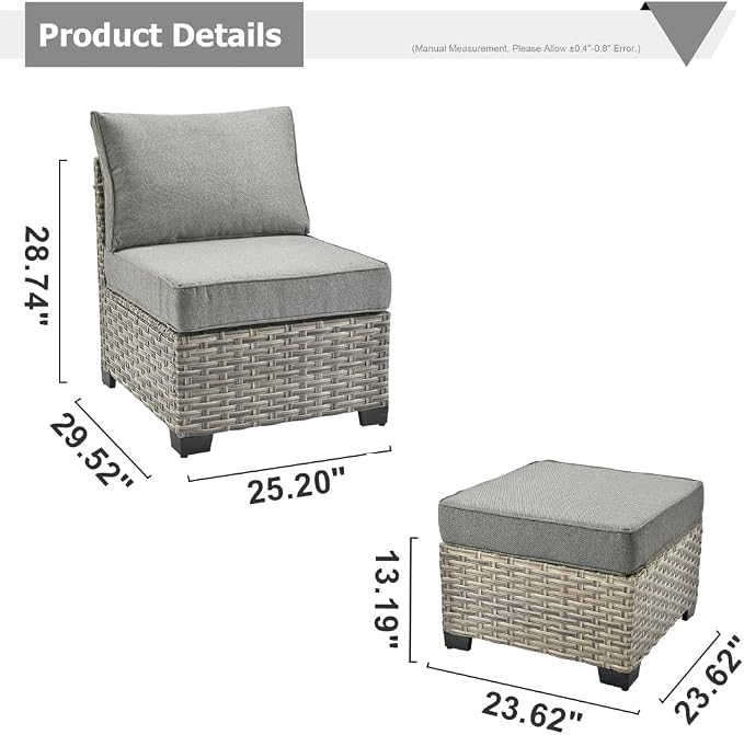 HOOOWOOO Outdoor Sectional Patio Furniture Set,3 Pieces Set with 1 Armless Wicker Chair and 2 Ottomans,Extra Deep Out Door Sofa Outside Furniture,Charcoal Gray