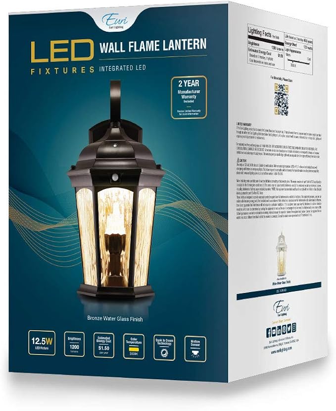 Euri Lighting EFL-130W-MD Flickering Flame Porch Light, Water Glass, with Integrated Security Light (3000K), Motion-Sensor, Dusk-to-Dawn, Oil Rubbed Bronze Housing | Integrated Security Light (3000K), Dusk-to-dawn, Water Glass, Oil Rubbed Bronze Housing