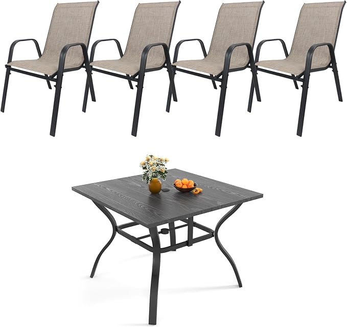 5 Piece Patio Dining Set, Stackable Outdoor Chairs Set of 4 with Textilene Fabric, 37.8" Wood-Grain Square Table with Umbrella Hole for Backyard Lawn Party (1 Table + 4 Chairs) (Brown)