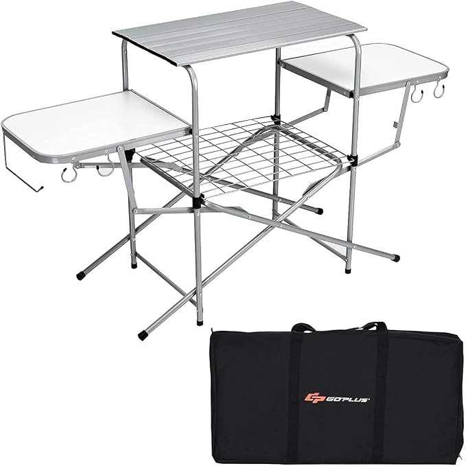 Goplus Folding Grill Table, Aluminum Camping Table with 26'' Main Tabletop, Hooks and Carry Bag, Portable Picnic Table Grill Stand for Outdoor Tailgating BBQ Beach Backyard RV