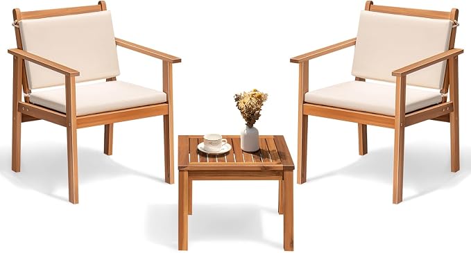 Greesum Outdoor Patio Furniture, 3 Piece Bistro Sofa Set with 1 Coffee Table and 2 Chairs, Acacia Wood Conversation Sets with Cushions, for Garden, Backyard, Poolside, White