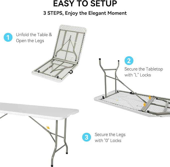 40 Pack of 6 Foot Foldable Table with Built in Handle & Steel Legs ,Heavy Duty Portable ,Perfect for Party, Dining, Wedding, Events, Picnic Indoor, Outdoor, Camping, Utility, Folding(white-40pac)