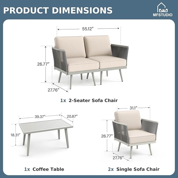 MFSTUDIO 5 Pieces Metal Patio Furniture Sets with Detachable Rope Rattan Armrest, 4 Seats Steel Outdoor Conversation Set All Weather Patio Sectional Couch with Coffee Table for Garden, Beige Cushion