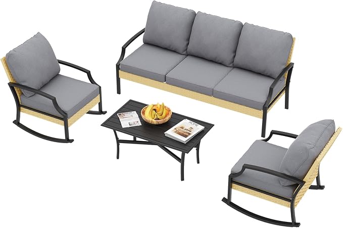 AECOJOY Patio Furniture Set, 4 Piece Rattan Conversation Set, Dark Gray | 3mm Rust-Resistant Steel, 5-Inch Cushions, 2 Rocking Chairs and Coffee Table for Porch, Garden, Lawn and Backyard