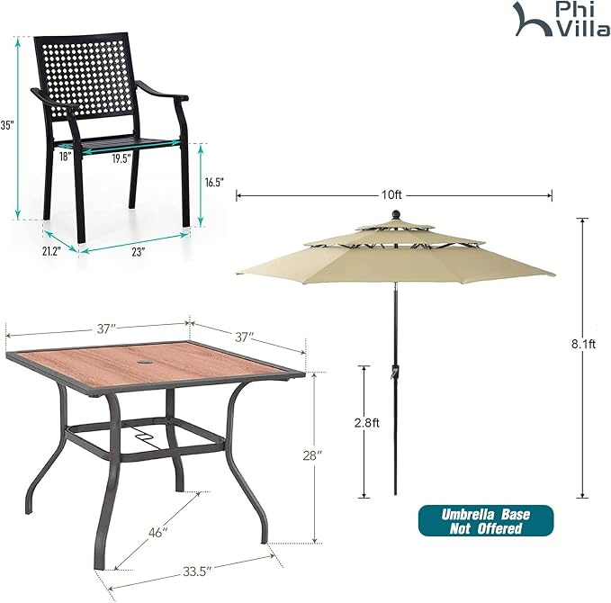 PHI VILLA Outdoor Table Chairs Set w/Umbrella, 5pc Patio Metal Furniture | 37" wrought iron square table w/ polywood top & stackable chairs for 4. 10ft beige umbrella. Dining set for deck, porch