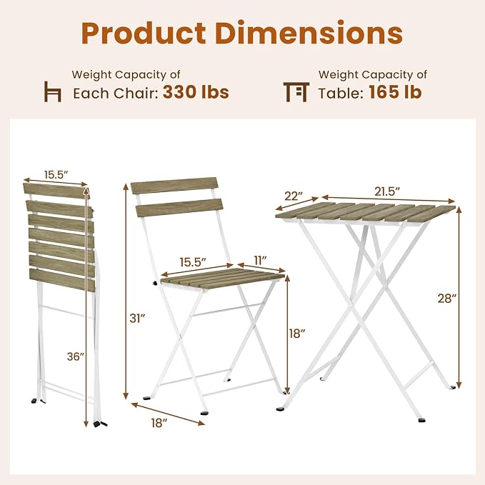 Tangkula 3 Pieces Patio Dining Set, Outdoor Square Table and Folding Chairs with Metal Frame, Space Saving Furniture Set for Yard Porch Deck Backyard (Grey)