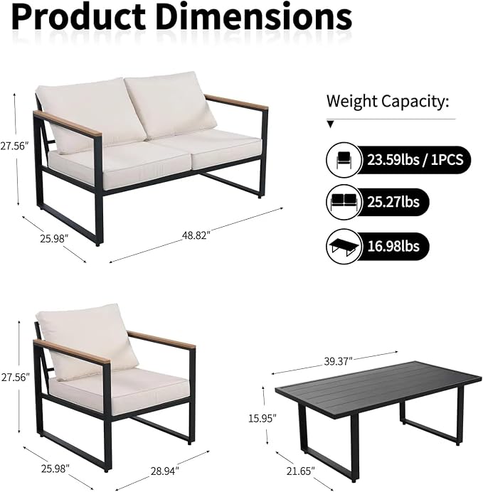 4-Piece Outdoor Patio Set Metal Conversation Deep Seat High Back Sofa with Washable Cushions 2 Chairs Coffee Table for Garden Balcony