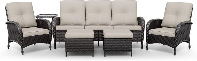Joyside Wicker Patio Furniture Set, 6 Piece Outdoor Furniture Set with Thickened Cushions, High Back, Deep Seating, Wide Armrest, Rattan Outdoor Chairs for Porch, Deck