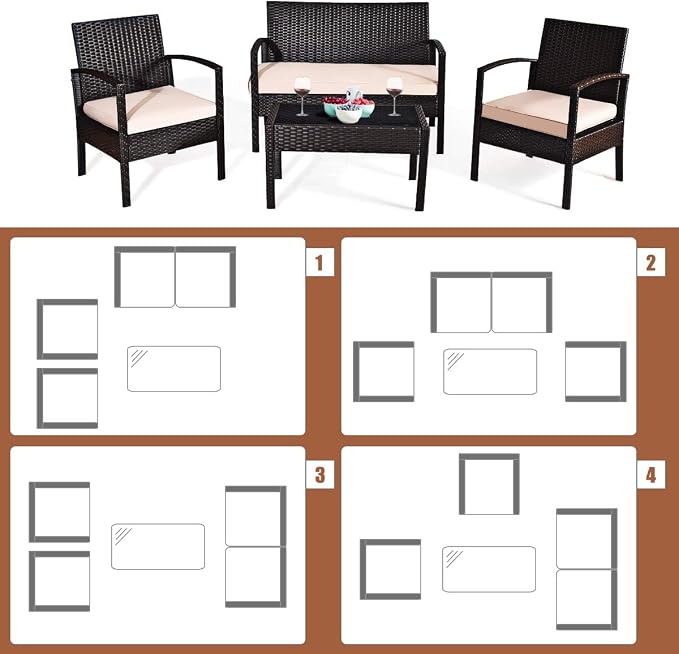 Tangkula 4 Piece Rattan Patio Furniture Set, All Weather Heavy Duty Wicker Outdoor Conversation Set, Includes Loveseat Bench, Single Chairs and Coffee Table, for Porch, Backyard, Garden, Poolside (1)