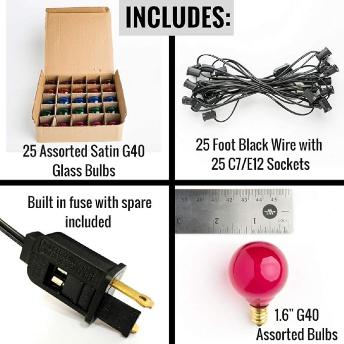 G40 Assorted Satin Pearl Colored String Lights (25 Foot – Black Wire) | G40 Assorted 1.6" Bulbs, Outdoor Globe Patio String Lights
