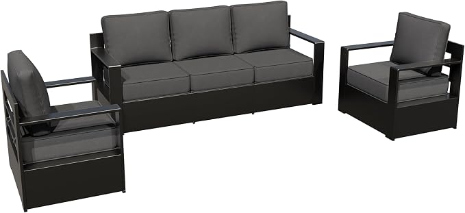 Aluminum Patio 79" Sofa Set with 2 Armchairs, All Weather Outdoor Conversation Furniture Set with Metal Armrest & 6" Water-Resistant Cushions & Furniture Covers for Deck Porch (Grey)