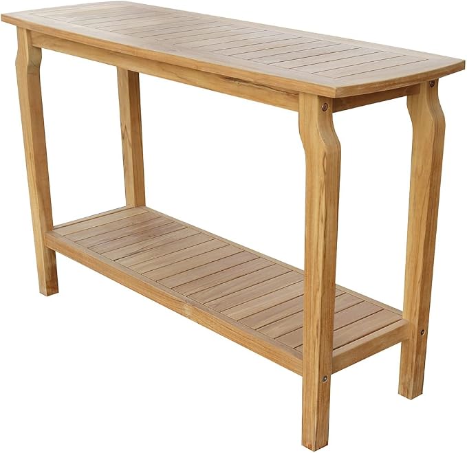 Nantucket Outdoor & Indoor Patio Console Serving Bar Table with Lower Shelf, Solid Teak, 47" L x 16" W x 30" H. This Outdoor Table is Great for Entertaining, Gardening, or Even Grilling.