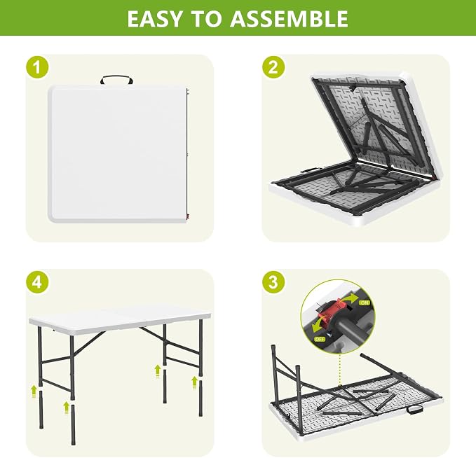 4 Ft Plastic Folding Table,Heavy Duty Portable Table for Indoor & Outdoor,350lbs Weight Capacity,Premium Solutions for Camping,Picnic,BBQ and Party