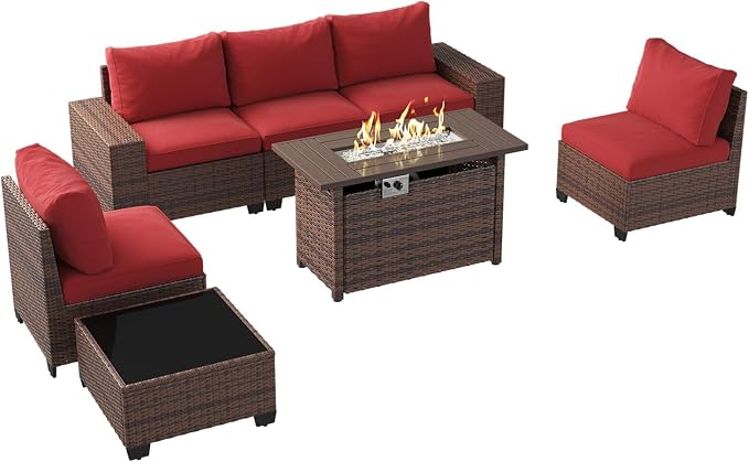 Aoxun Outdoor Furniture with 44'' Fire Pit, 7 Pcs Patio Furniture Set with 4in Thicken Cushion, Widen Armrests Wicker Outdoor Sectional for Backyard (Waterproof Cover Include)