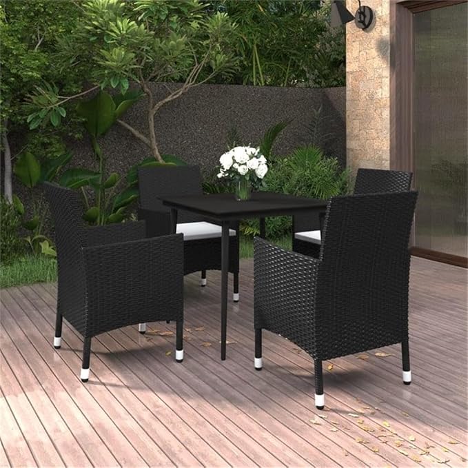 Afuera Living Contemporary 5-Piece Patio Dining Set, Powder-Coated Steel and PE Rattan, Black Finish, Glass Tabletop, Weather-Resistant Outdoor Furniture for Garden, Balcony, or Terrace Dining Spaces