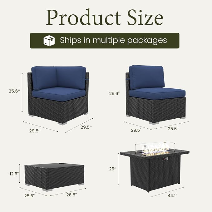 LayinSun 8 Piece Patio Furniture Set with 44" Propane Gas Fire Pit Table, Outdoor Sectional Conversation Set Wicker Rattan Sofa Set with Coffee Table