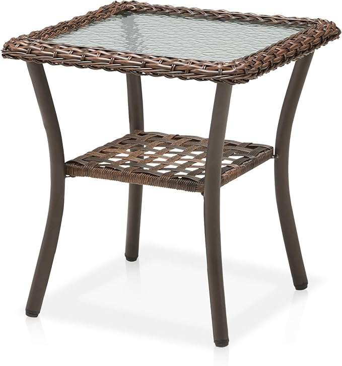 Square 20" Outdoor Wicker Side Table, 2-Tier Rattan Patio End Table with Tempered Glass Top, All Weather Brown Coffee Table for Deck Balcony Porch