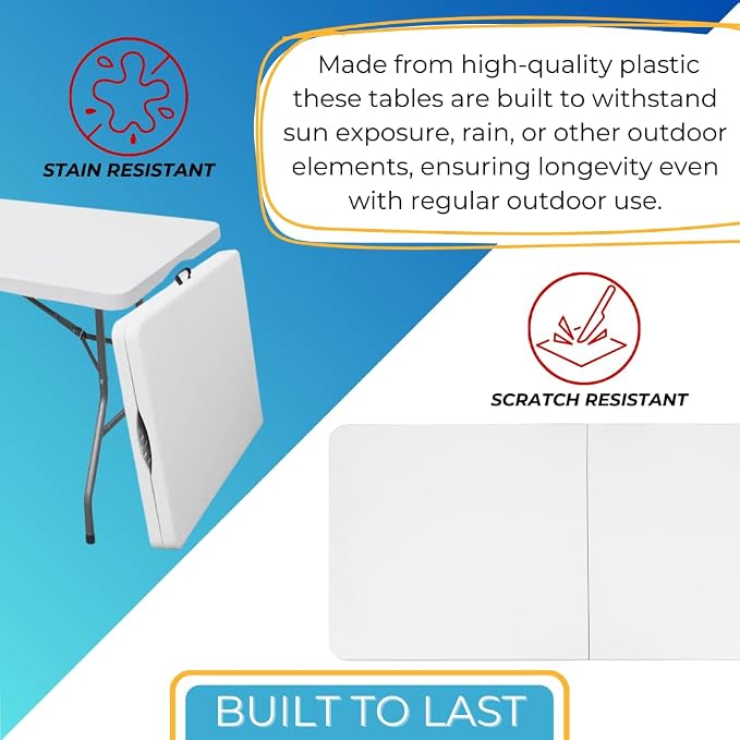 Ezone 4ft Indoor Outdoor Heavy Duty Portable Folding Plastic Dining Table w/Handle, Lock for Picnic, Party, Camping - White (4 Ft)