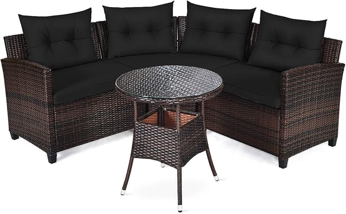 Tangkula 4-Piece C Shape Patio Furniture Set, Outdoor Corner Wicker Rattan Sectional Cushioned Sofa Set, with Glass Coffee Table, for Garden Poolside Balcony (Black)
