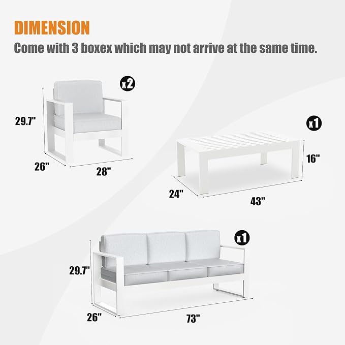 4 Piece Modern Aluminum Patio Furniture Set, Outdoor Patio Sectional Conversation Metal Seating Sets with Olefin Cushion and Coffee Table