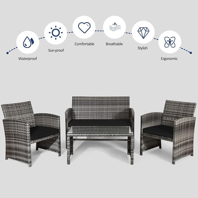 Tangkula 4 PCS Wicker Patio Conversation Set, Outdoor Rattan Sofas with Table Set, Patio Furniture Set with Soft Cushions & Tempered Glass Coffee Table for Poolside Balcony