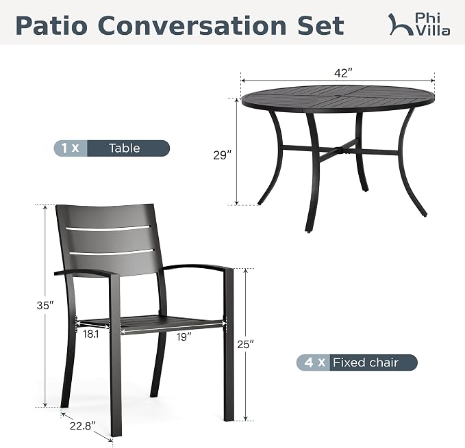 PHI VILLA Patio Dining Set for 4, Stackable Chairs& Round Metal Table | 42" Black Table&Stackable Wrought Iron Chairs,Outside Furniture Set for Deck, Porch, Backyard