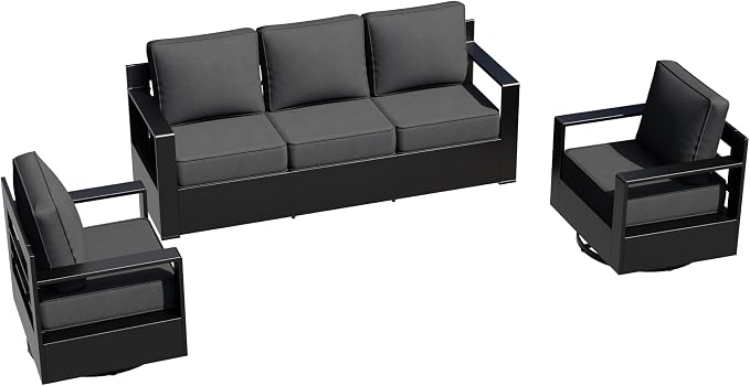 Outdoor Aluminum Furniture Set, 3-Piece Patio Conversation Set, 2 Swivel Chairs and 1 Sofa, All-Weather Metal Frame, 6" Thick Removable Cushions, Deep Setting for Garden, Poolside and Porch