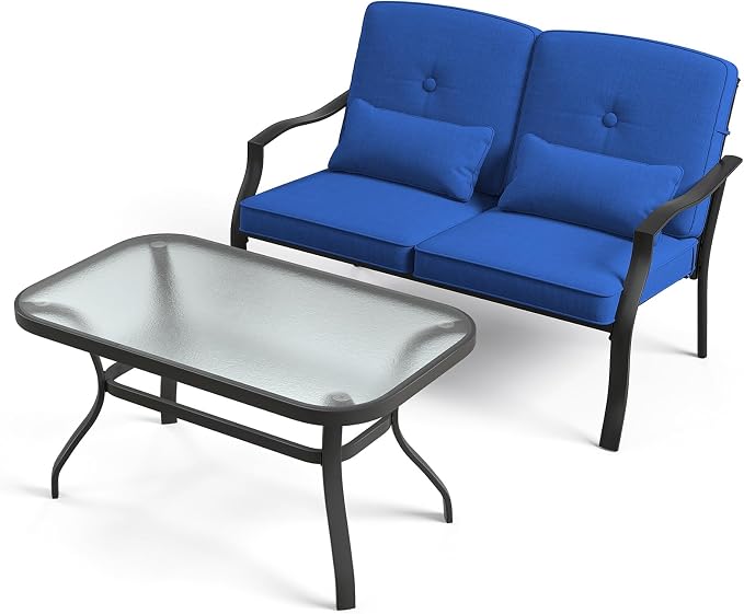 Tangkula 2 Piece Patio Furniture Set, Outdoor Loveseat Chair Set with Seat Back Cushions & Waist Pillows, Tempered Glass Coffee Table, Heavy-Duty Metal Sofa Set for Yard Garden Balcony Poolside