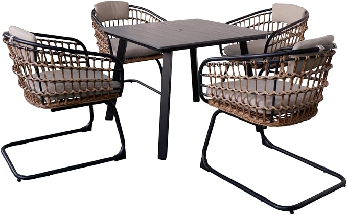 Square Dining Table with Umbrella Hole, Iron Frame and Wood-Plastic Composite Tabletop