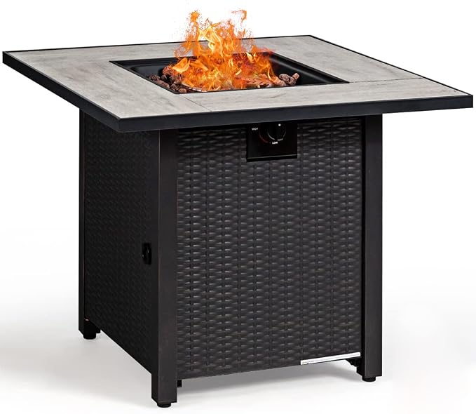Tangkula 6 Piece Outdoor Rattan Sofa Set with 30in Propane Gas Fire Table, Ceramic Fire Tabletop, 50,000 BTU Heat Output, Cushions & Fire Pit Dust Cover, Patiojoy Weatherproof Wicker Set (Black)