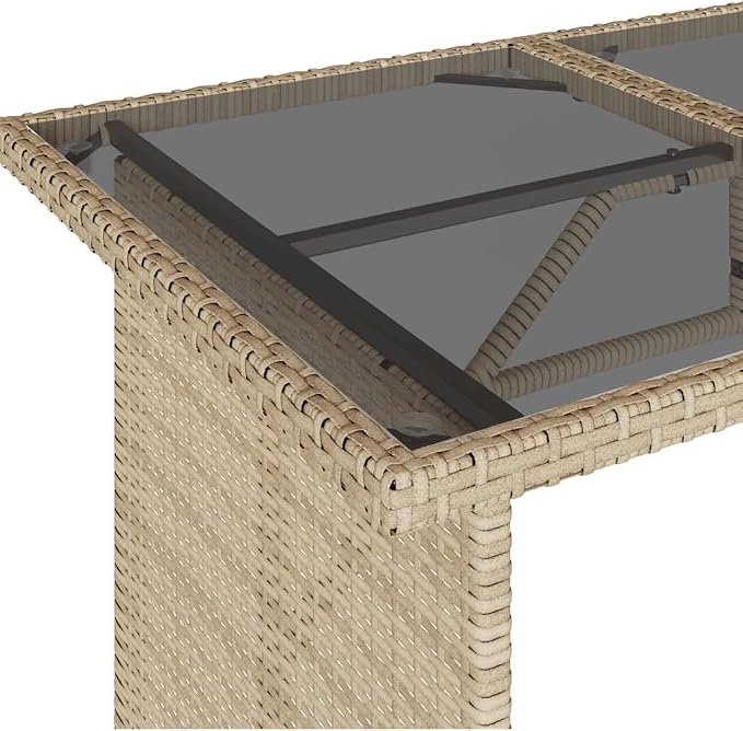 Modern Outdoor Dining Table with Tempered Glass Top and Beige PE Rattan Frame on Powder Coated Steel Base for Patio Garden, 43.3 Inch Long 26.8 Inch Wide