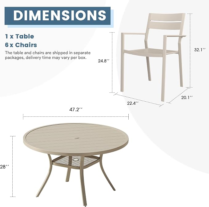 DIFY 7 Piece Outdoor Patio Dining Set for 6, Patio Table and Chairs Set with Umbrella Hole, 47.2" Round Dining Table and Stackable Metal Chairs for Backyard Garden Poolside, Sandshell
