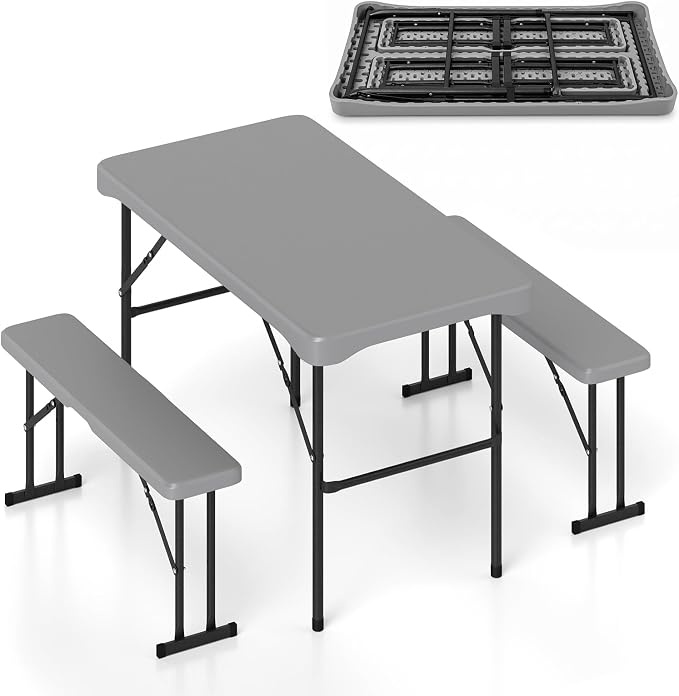 Giantex Folding Picnic Table Set w/ 2 Benches, 44" HDPE, Gray | Foldable Table & Chairs, All Weather Resistant, Space-Saving & Portable for Camping Party Dining BBQ, Large Weight Capacity