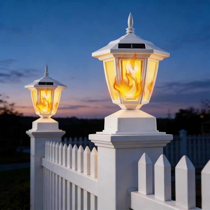 Dynaming 6 Pack Solar Flame Post Lights Outdoor, Solar Powered Lamps Fence Post Cap Lights, Flickering Flame LED Lantern Waterproof for Garden Deck Patio, Fit 4x4, 5x5 6x6 Wooden Posts, White Shell