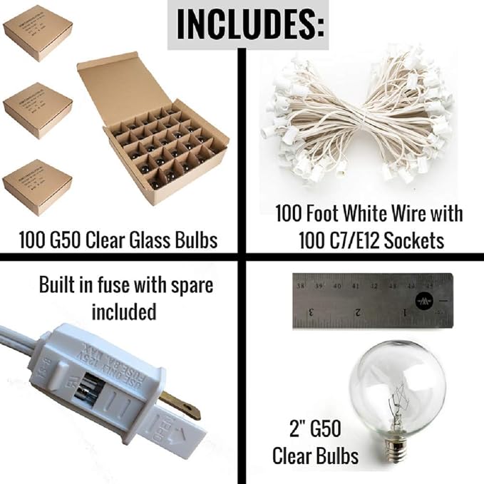 G50 Clear 12 Inch Light Bulbs with C7 Stringer 18 Gauge (White Wire, 100')